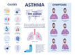 The symptoms and causes of asthma poster or banner flat vector illustration.