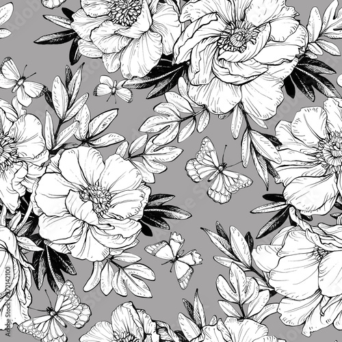 Seamless floral pattern with peonies.