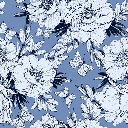 Seamless floral pattern with peonies.