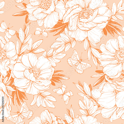 Seamless floral pattern with peonies.