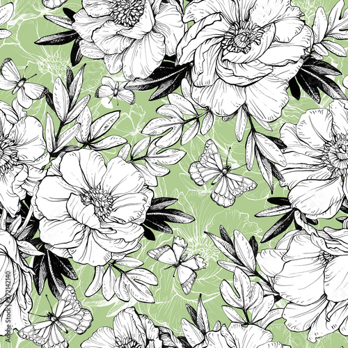 Seamless floral pattern with peonies.