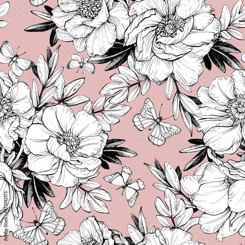 Seamless floral pattern with peonies.