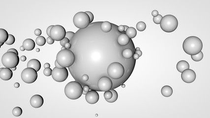 Poster - 3D rendering of many small balls in the space surrounding a large white ball. The idea of interaction. Futuristic, abstract composition for the background. Image isolated on white background.