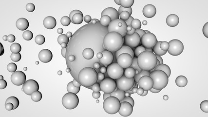 Poster - 3D rendering of many small balls in the space surrounding a large white ball. The idea of interaction. Futuristic, abstract composition for the background. Image isolated on white background.