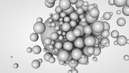 Poster - 3D rendering of many small balls in the space surrounding a large white ball. The idea of interaction. Futuristic, abstract composition for the background. Image isolated on white background.