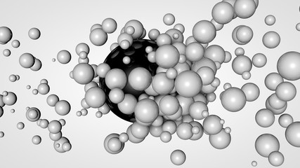 Poster - 3D rendering of many small balls in the space surrounding a large black ball. The idea of chemical interaction. Futuristic, abstract composition for the background. Image isolated on white background.