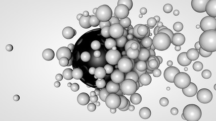 Poster - 3D rendering of many small balls in the space surrounding a large black ball. The idea of chemical interaction. Futuristic, abstract composition for the background. Image isolated on white background.