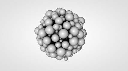 Poster - 3D rendering of many small balls in the space surrounding a large black ball. The idea of chemical interaction. Futuristic, abstract composition for the background. Image isolated on white background.