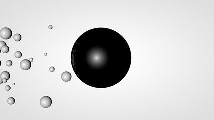 Poster - 3D rendering of many small balls in the space surrounding a large black ball. The idea of chemical interaction. Futuristic, abstract composition for the background. Image isolated on white background.