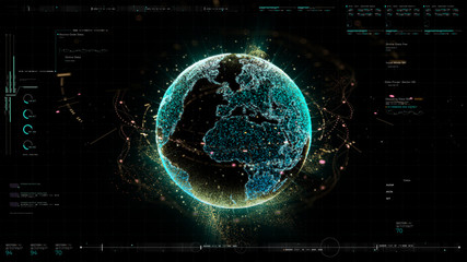 Fototapete - Futuristic motion graphic user interface head up display screen with Holographic Earth and digital data telemetry information display for digital background computer desktop display screen