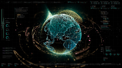 Fototapete - Futuristic motion graphic user interface head up display screen with Holographic Earth and digital data telemetry information display for digital background computer desktop display screen