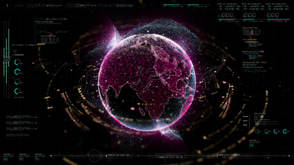 Fototapete - Futuristic motion graphic user interface head up display screen with Holographic Earth and digital data telemetry information display for digital background computer desktop display screen