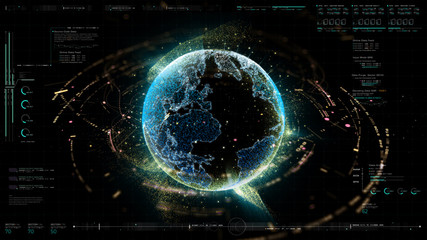 Wall Mural - Futuristic motion graphic user interface head up display screen with Holographic Earth and digital data telemetry information display for digital background computer desktop display screen