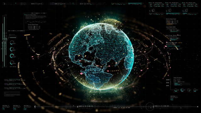 Futuristic motion graphic user interface head up display screen with Holographic Earth and digital data telemetry information display for digital background computer desktop display screen