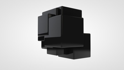 Poster - 3D rendering of many black cubes of different sizes, randomly arranged in space on a white background. Abstract, futuristic composition of ideal geometric shapes.