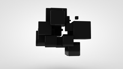 Poster - 3D rendering of many black cubes of different sizes, randomly arranged in space on a white background. Abstract, futuristic composition of ideal geometric shapes.