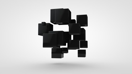 Poster - 3D rendering of many black cubes of different sizes, randomly arranged in space on a white background. Abstract, futuristic composition of ideal geometric shapes.