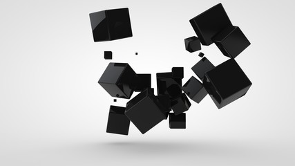 Poster - 3D rendering of many black cubes of different sizes, randomly arranged in space on a white background. Abstract, futuristic composition of ideal geometric shapes.