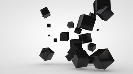 Poster - 3D rendering of many black cubes of different sizes, randomly arranged in space on a white background. Abstract, futuristic composition of ideal geometric shapes.