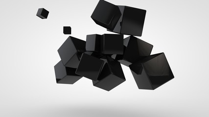 Poster - 3D rendering of many black cubes of different sizes, randomly arranged in space on a white background. Abstract, futuristic composition of ideal geometric shapes.