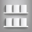 Six white books with blank covers on a bookshelf - realistic mockup of blank book covers standing on shelves