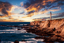 Lighthouse On The Coast In California At Sunset
