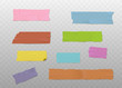 Set of colorful adhesive tape strips with realistic texture, sticky washi paper pieces isolated on transparent background