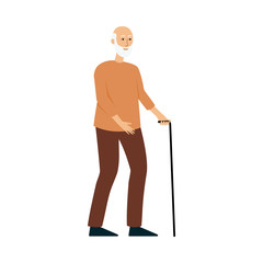 Canvas Print - Old man standing with a cane, elderly male cartoon character smiling and walking