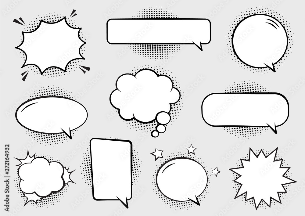 Retro empty comic bubbles and elements set with black halftone shadows ...