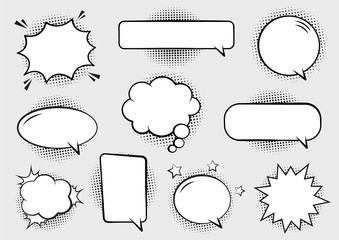 Wall Mural - retro empty comic bubbles and elements set with black halftone shadows on transparent background. ve