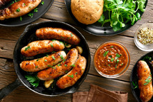 Fried Sausages In Frying Pan