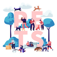 People And Pets Concept. Male And Female Characters Walking With Dogs And Cats Outdoors, Relaxing, Leisure, Love, Care Of Animals Poster, Banner, Flyer, Brochure. Cartoon Flat Vector Illustration