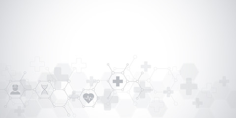 Abstract medical background with flat icons and symbols. Concepts and ideas for healthcare technology, innovation medicine, health, science and research.