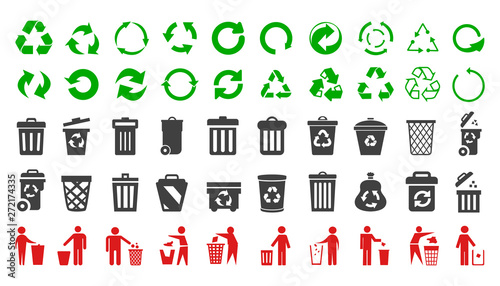 Cuadros en Lienzo Recycle icons set and trash can icons with man - vector