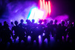 © zef art - Anti-riot police give signal to be ready. Government power concept. Police in action. Smoke on a dark background with lights. Blue red flashing sirens.