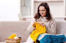 Young Beautiful Woman Knitting At Home 