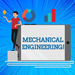Poster - Handwriting text Mechanical Engineering. Conceptual photo Concerned with industrial application of mechanics Man Leaning on Blank Smartphone Turned on Its Side with Graph and Idea Icon