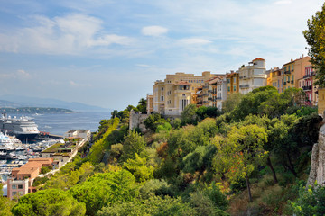 Monaco, Monte carlo. Monaco village with colorful architecture and street along the ocean.