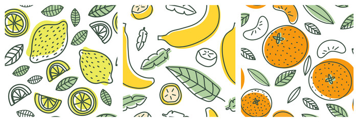 Lemon, banana and orange. Fruit seamless pattern set. Fashion design. Food print for clothes, linens or curtain. Hand drawn vector sketch. Exotic background collection