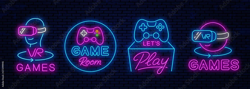Set of neon icons for decoration in gaming clubs. Vector neon icons, signs for advertising game clubs. Virtual reality and classic. - obrazy, fototapety, plakaty 