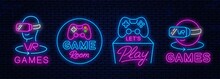 Set Of Neon Icons For Decoration In Gaming Clubs. Vector Neon Icons, Signs For Advertising Game Clubs. Virtual Reality And Classic.