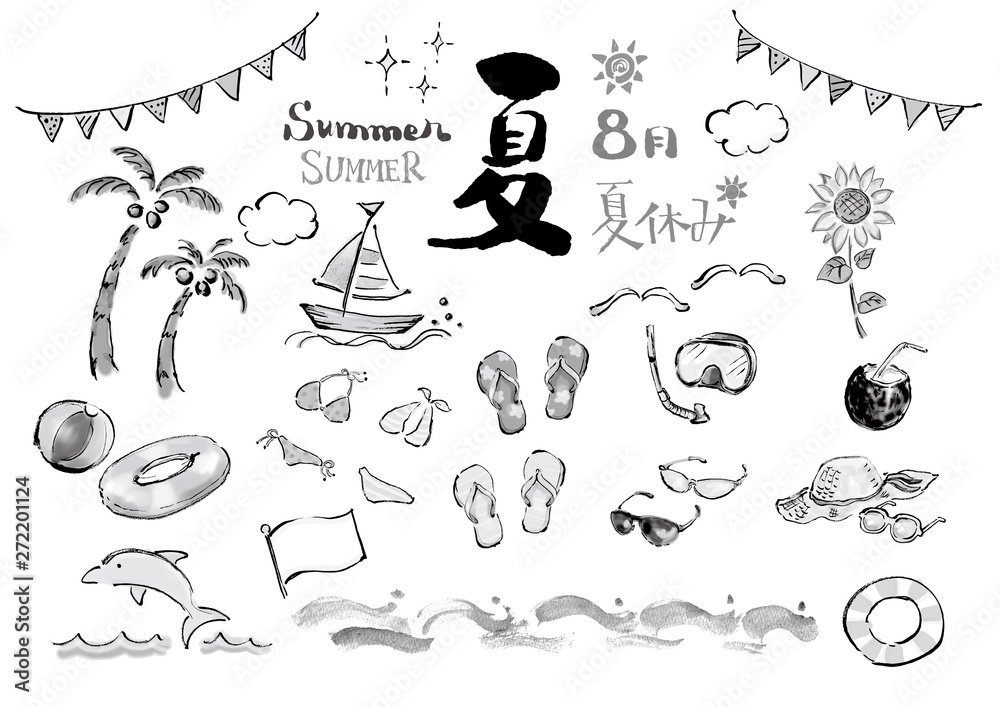 モノクロ 白黒 夏 日本の夏 イラスト ベクター 夏関連 夏イラスト 集合