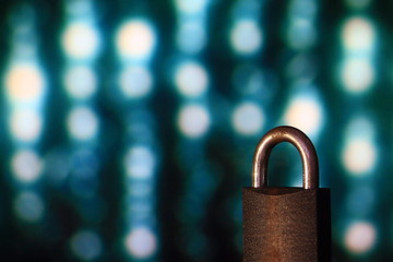 Poster - Padlock closed. padlock placed in front of circular defocus bokeh light. digital computer and internet theme security concepts. cyber security and virus protection.