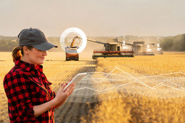 Autocollant - Woman farmer with digital tablet on a background of harvesters. Smart farming concept.	