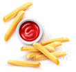 French fries and ketchup tomato sauce in ceramic cup. Roasted potato chips in deep fat fry oil potatoes. Yellow sticks. Fastfood. Unhealthy tasty food. Horizontal banner. Vector illustration.