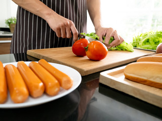 Asian chef man use sharpen knife slicing fresh green lettuce, tomatoes and preparing salad organic for appetizer meal