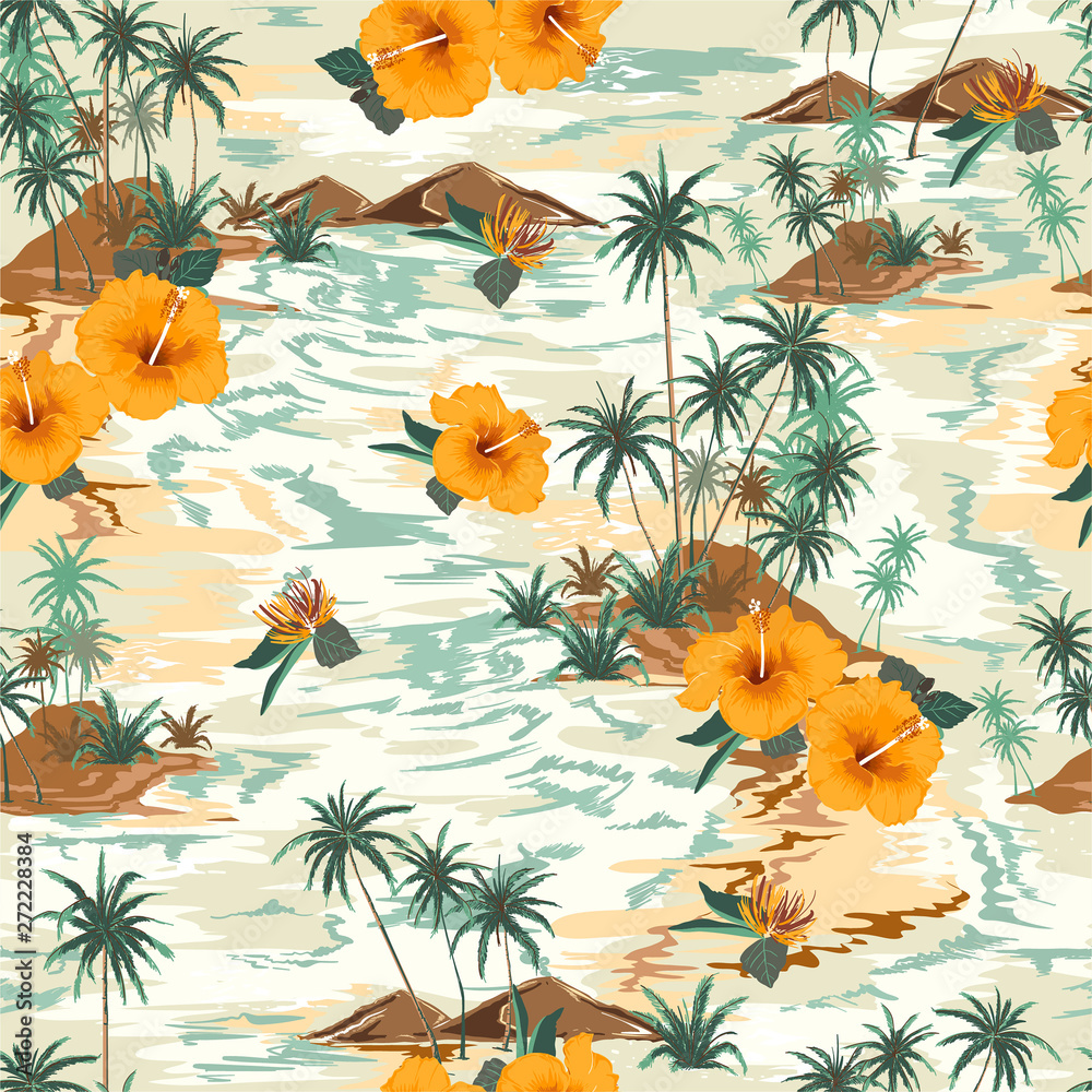 Retro seamless island pattern Landscape with palm treeshibicus,flowers ...