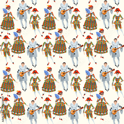 Harlequin Columbina And Pierrot Characters Of Italian Commedia Dell Arte Seamless Background Pattern Stock Vector Adobe Stock