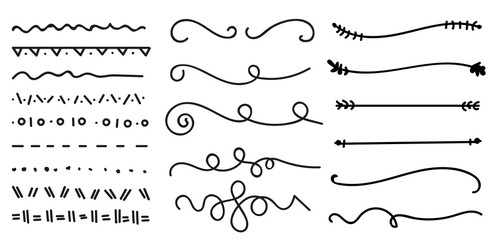 Hand drawn set of lines.Marker line divider, handmade pencil strokes brush and drawing dividers.Curve frame, decoration borders or floral ornament ink dividing isolated elements.Vector illustration. 