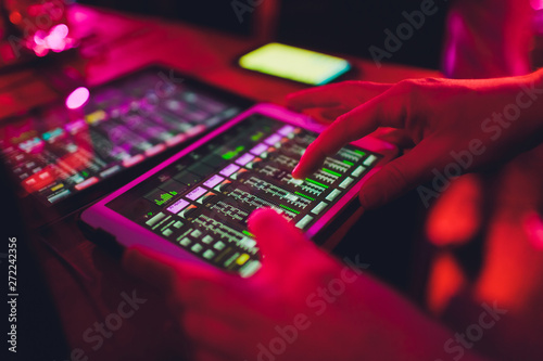 Studio Working With Sound And Light Mixer Console Hands Of Sound